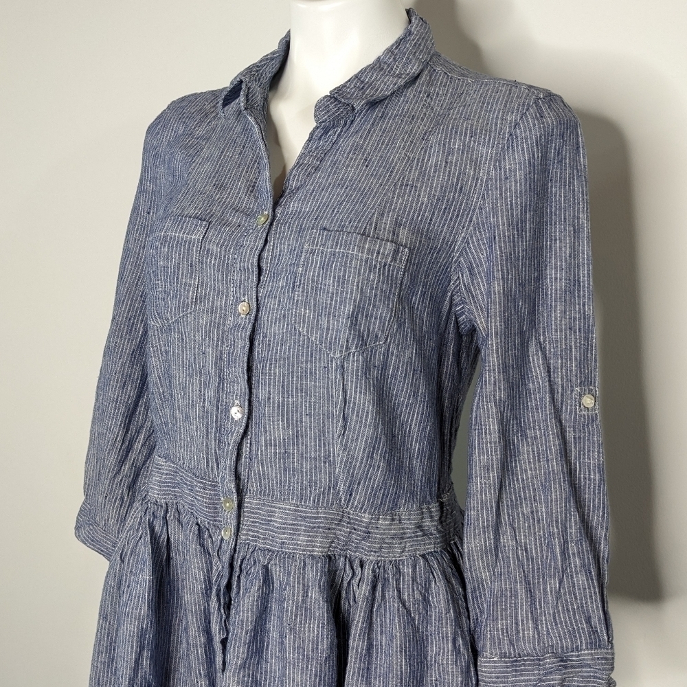 Malvin blue white stripe button down linen midi dress M - Picture 2 of 8